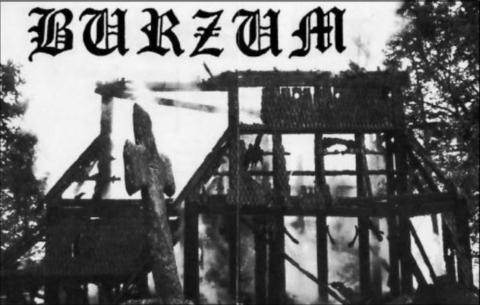 A flyer for 1993 Aske EP, featuring the burnt remains of Fantoft Stave Church, one of the few church arsons for which Varg was not found guilty