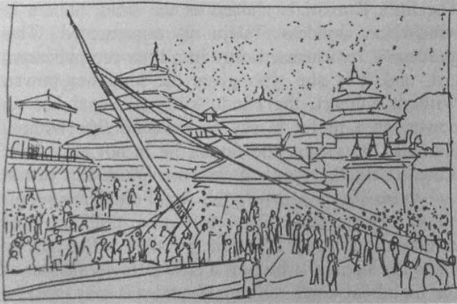 Установка столба Йосин в Катманду во время празднества Индра Джатра